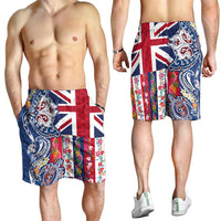 Hawaiian Manta Ray and Turtle Tribal Tattoo Shorts for Men with Hawaii Flag and Flowers