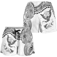 Hawaiian Manta Ray Tribal Shorts for Women Polynesian Art Motifs White Color