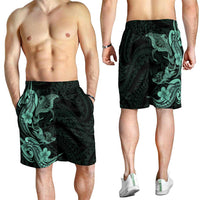 Hawaiian Manta Rays Shorts for Men Tribal Hibiscus Polynesian Tattoos Turquoise Color - Polynesian Pride