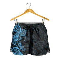 Hawaiian Manta Rays Shorts for Women Tribal Hibiscus Polynesian Tattoos Blue Color - Polynesian Pride