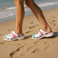 Hawaiian Mele Kalikimaka Clogs Shoes Funny Pineapple Surfing with Map Christmas Stripe Elements