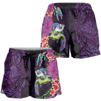Hawaiian Plumeria and Hibiscus with Turtles Shorts for Women Polynesian Art Purple Color - Polynesian Pride