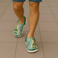 Hawaiian Plumeria Lei Clogs Shoes Kakau Motifs and Palaka Half Style Green Color - Polynesian Pride