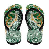 Hawaiian Plumeria Lei Flip Flops Kakau Motifs and Palaka Half Style Green Color - Polynesian Pride