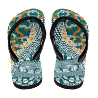 Hawaiian Plumeria Lei Flip Flops Kakau Motifs and Palaka Half Style Turquoise Color - Polynesian Pride