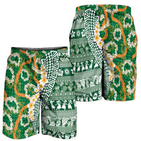 Hawaiian Plumeria Lei Shorts for Men Kakau Motifs and Palaka Half Style Green Color - Polynesian Pride