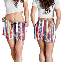 Hawaiian Polynesian Tribal Turtles Shorts for Women with Lei and Flag Style