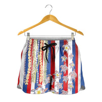 Hawaiian Polynesian Tribal Turtles Shorts for Women with Lei and Flag Style