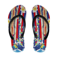 Hawaiian Sea Turtles and Plumeria Flip Flops with Lei and Flag Grunge Style LT03 Multicolor - Polynesian Pride