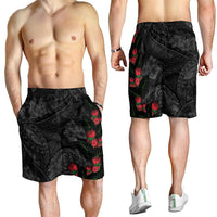 Hawaiian Taro Leaves and Ohia Lehua Shorts for Men Polynesian Tribal Art Tropical Plants Motifs Grayscale
