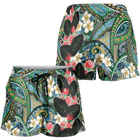 Hawaiian Taro Leaves and Ohia Lehua Shorts for Women Polynesian Tribal Art Tropical Plants Motifs Colorful
