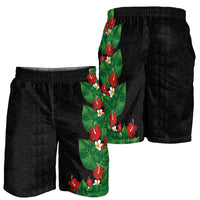 Hawaiian Taro Leaves-Hibiscus and Plumeria Shorts for Men Polynesian Art-Kakau Tattoo Black