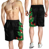 Hawaiian Taro Leaves-Hibiscus and Plumeria Shorts for Men Polynesian Art-Kakau Tattoo Black