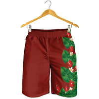 Hawaiian Taro Leaves-Hibiscus and Plumeria Shorts for Men Polynesian Art-Kakau Tattoo Red