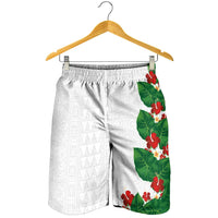 Hawaiian Taro Leaves-Hibiscus and Plumeria Shorts for Men Polynesian Art-Kakau Tattoo White