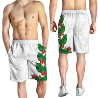 Hawaiian Taro Leaves-Hibiscus and Plumeria Shorts for Men Polynesian Art-Kakau Tattoo White