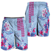 Hawaiian Tribal Manta Ray Shorts for Men Kakau Tattoo and Flowers Surfing Waves Pattern Soft Color