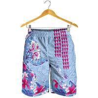 Hawaiian Tribal Manta Ray Shorts for Men Kakau Tattoo and Flowers Surfing Waves Pattern Soft Color