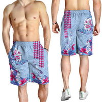 Hawaiian Tribal Manta Ray Shorts for Men Kakau Tattoo and Flowers Surfing Waves Pattern Soft Color