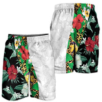 Hawaiian Tropical Flowers and Leaves Shorts for Men Leopard Pattern Half White Black Version - Polynesian Pride