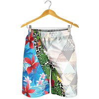 Hawaiian Tropical Flowers and Leaves Shorts for Men Leopard Pattern Half White Blue Version - Polynesian Pride