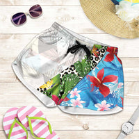 Hawaiian Tropical Flowers and Leaves Shorts for Women Leopard Pattern Half White Blue Version - Polynesian Pride