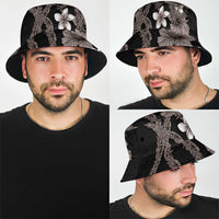 Hawaiian Tropical Flowers and Maile Pikake Bucket Hat Polynesian Tribal Pattern Grayscale Mode LT03