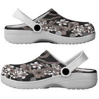Hawaiian Tropical Flowers and Maile Pikake Clogs Shoes Polynesian Tribal Pattern Grayscale Mode