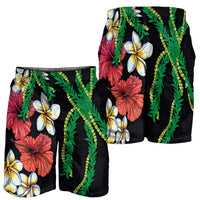 Hawaiian Tropical Flowers and Maile Pikake Shorts for Men Polynesian Tribal Pattern Black Color - Polynesian Pride