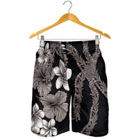 Hawaiian Tropical Flowers and Maile Pikake Shorts for Men Polynesian Tribal Pattern Grayscale Mode - Polynesian Pride