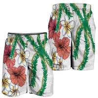 Hawaiian Tropical Flowers and Maile Pikake Shorts for Men Polynesian Tribal Pattern White Color - Polynesian Pride