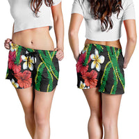 Hawaiian Tropical Flowers and Maile Pikake Shorts for Women Polynesian Tribal Pattern Black Color - Polynesian Pride