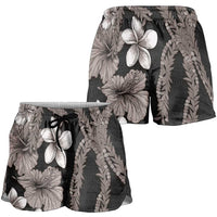 Hawaiian Tropical Flowers and Maile Pikake Shorts for Women Polynesian Tribal Pattern Grayscale Mode - Polynesian Pride