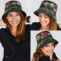 Hawaiian Tropical Flowers and Tribal Polynesian Tattoo Bucket Hat Black Color LT03