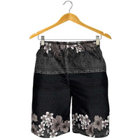 Hawaiian Tropical Flowers and Tribal Polynesian Tattoo Shorts for Men Grayscale Mode - Polynesian Pride