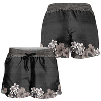 Hawaiian Tropical Flowers and Tribal Polynesian Tattoo Shorts for Women Grayscale Mode - Polynesian Pride
