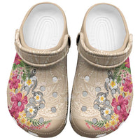 Hawaiian Tropical Flowers and Tribal Turtles Clogs Shoes Polynesian Art Motifs Beige Color - Polynesian Pride