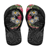 Hawaiian Tropical Flowers and Tribal Turtles Flip Flops Polynesian Art Motifs Black Color - Polynesian Pride