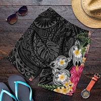 Hawaiian Tropical Flowers and Tribal Turtles Shorts for Men Polynesian Art Motifs Black Color - Polynesian Pride