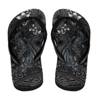 Hawaiian Tropical Plants and Tribal Whales Flip Flops Polynesian Art Tattoo Grayscale
