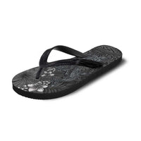 Hawaiian Tropical Plants and Tribal Whales Flip Flops Polynesian Art Tattoo Grayscale
