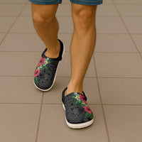 Hawaiian Tropical Plants Clogs Shoes Kakau Tattoo and Polynesian Pattern Half Black Color