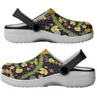 Hawaiian Tropical Plants Lei Clogs Shoes with Palaka Pattern and Kanaka Maoli Tribal Motifs - Polynesian Pride