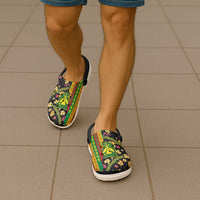 Hawaiian Tropical Plants Lei Clogs Shoes with Palaka Pattern and Kanaka Maoli Tribal Motifs - Polynesian Pride