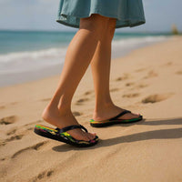 Hawaiian Tropical Plants Lei Flip Flops with Palaka Pattern and Kanaka Maoli Tribal Motifs - Polynesian Pride