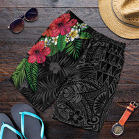 Hawaiian Tropical Plants Shorts for Men Kakau Tattoo and Polynesian Pattern Half Black Color
