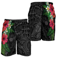 Hawaiian Tropical Plants Shorts for Men Kakau Tattoo and Polynesian Pattern Half Black Color