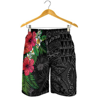 Hawaiian Tropical Plants Shorts for Men Kakau Tattoo and Polynesian Pattern Half Black Color