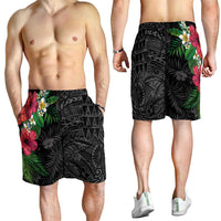 Hawaiian Tropical Plants Shorts for Men Kakau Tattoo and Polynesian Pattern Half Black Color