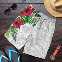 Hawaiian Tropical Plants Shorts for Men Kakau Tattoo and Polynesian Pattern Half Black White